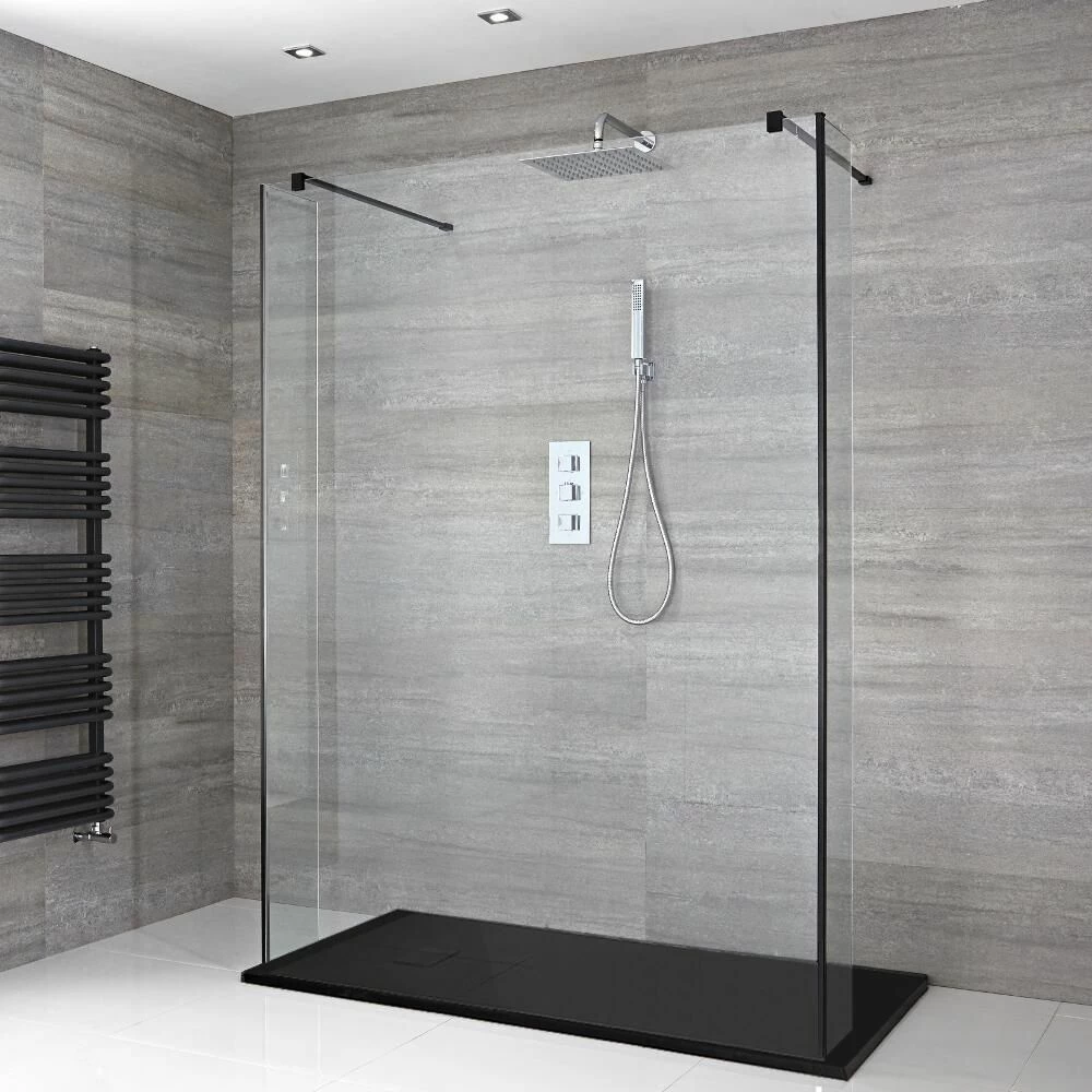Milano Nero - Open Walk-Through Shower Enclosure With Slate Tray - Choice Of Sizes And Hinged Return Panel Option