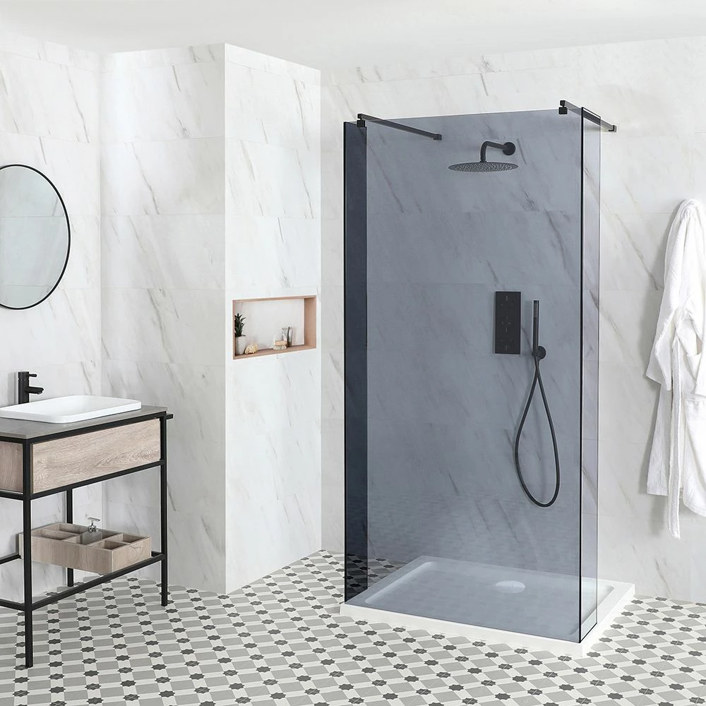 Milano Nero-Luna - Smoked Glass Open Walk-Through Shower Enclosure With Tray - Choice Of Sizes And Hinged Return Panel Option