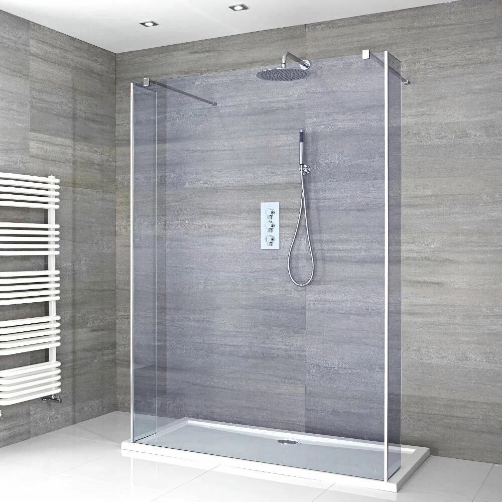 Milano Portland-Luna - Smoked Glass Open Walk-Through Shower Enclosure With Tray - Choice Of Sizes And Hinged Return Panel Option