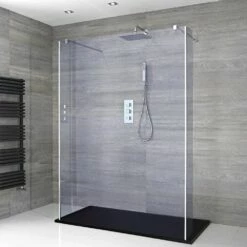 Milano Portland-Luna - Smoked Glass Open Walk-Through Shower Enclosure With Slate Tray - Choice Of Sizes And Hinged Return Panel Option