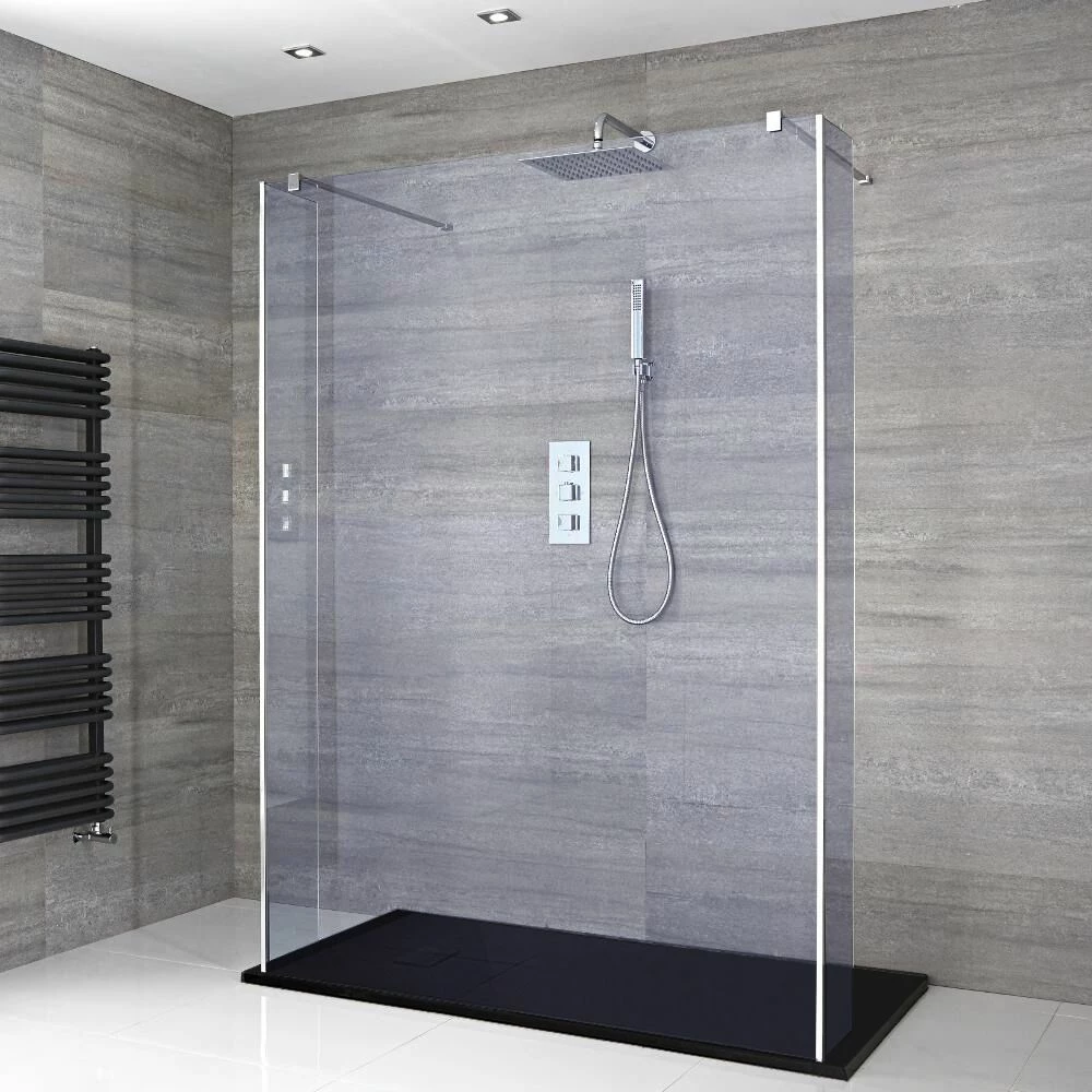 Milano Portland-Luna - Smoked Glass Open Walk-Through Shower Enclosure With Slate Tray - Choice Of Sizes And Hinged Return Panel Option